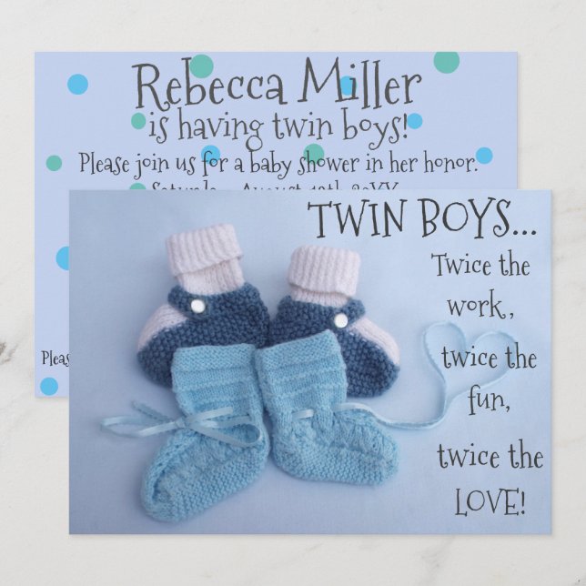 Cute blue bootys-twillingar, babydusch inbjudan (Fram/baksida)