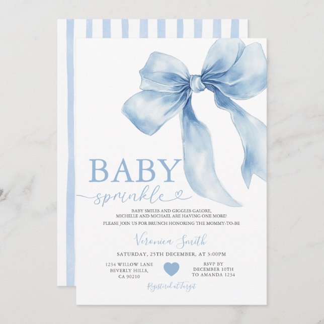 Cute Blue Bow Coquette Baby Sprinkle Baby Shower Inbjudningar (Fram/baksida)