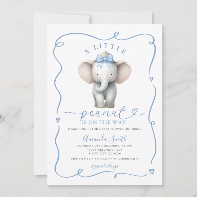 Cute Blue Bow Elephant Peanut Baby Shower  Inbjudningar (Framsida)