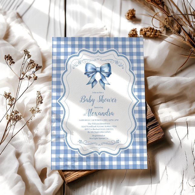 Cute Blue Bow Ribbon Gingham Baby Shower Inbjudningar (Skapare uppladdad)