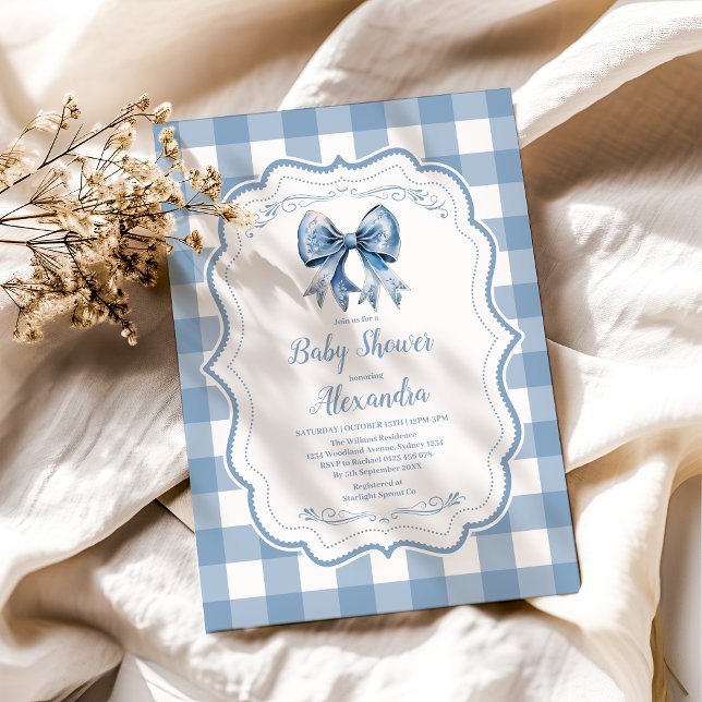 Cute Blue Bow Ribbon Gingham Baby Shower Inbjudningar (Skapare uppladdad)