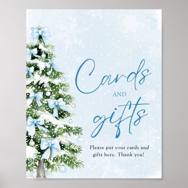 Cute Blue Bows Christmas Tree Cards and Gifts Sign Poster (Framsidan)