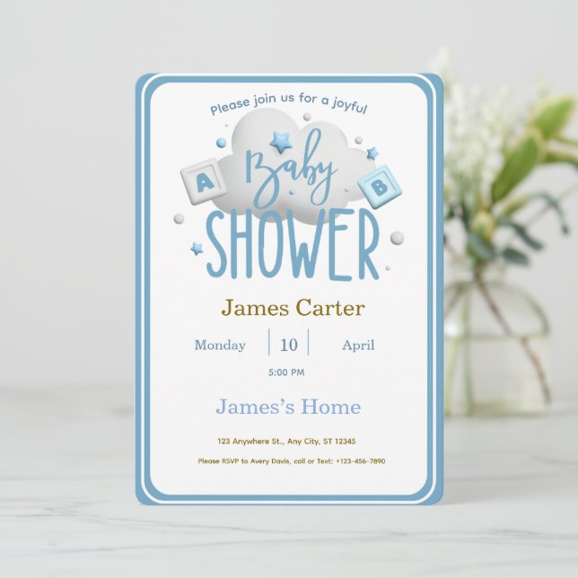 Cute Blue Boy Baby Shower Invitation Inbjudningar (Stående Fram)