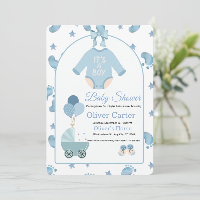 Cute Blue Boy Baby Shower Invitation Inbjudningar (Stående Fram)