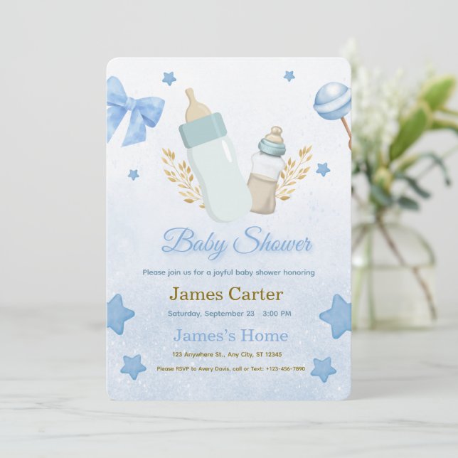 Cute Blue Boy Baby Shower Invitation Inbjudningar (Stående Fram)