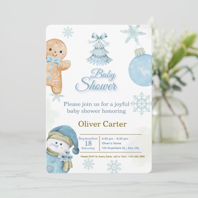 Cute Blue Boy Baby Shower Invitation Inbjudningar (Stående Fram)