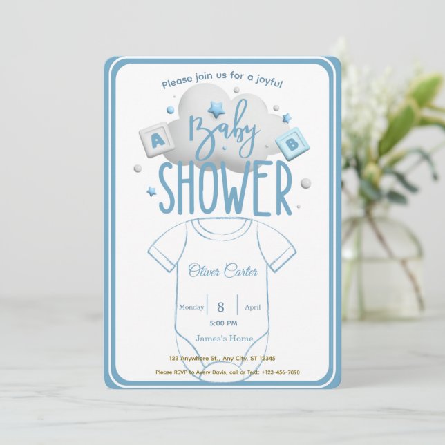 Cute Blue Boy Baby Shower Invitation Inbjudningar (Stående Fram)