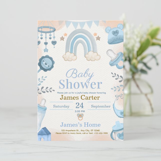Cute Blue Boy Baby Shower Invitation Inbjudningar (Stående Fram)
