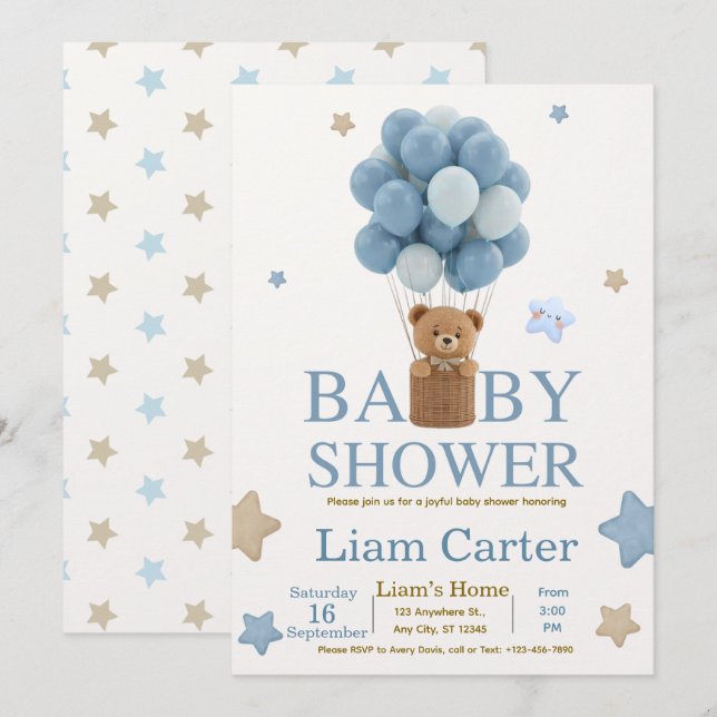 Cute Blue Boy Baby Shower Invitation Tack Kort (Fram/baksida)
