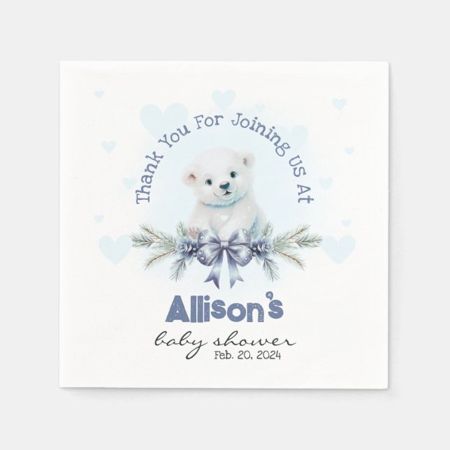 Cute Blue Boy Bear Unge Hearts Vinter Baby Shower Pappersservett (Framsidan)