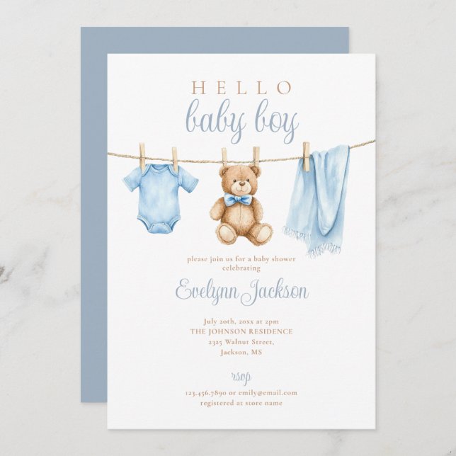 Cute Blue Boy Clothesline Baby Shower Inbjudningar (Fram/baksida)