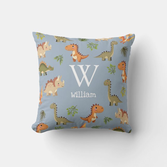Cute Blue Boy Dinosaur Monogram Namn Nursery Kudde (Framsida)