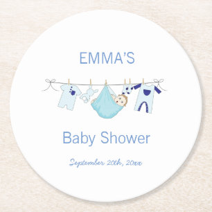 Cute Blue Boy illustration Clothesline Tvätt Underlägg Papper Rund