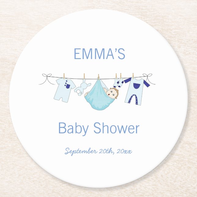 Cute Blue Boy illustration Clothesline Tvätt Underlägg Papper Rund (Framsidan)