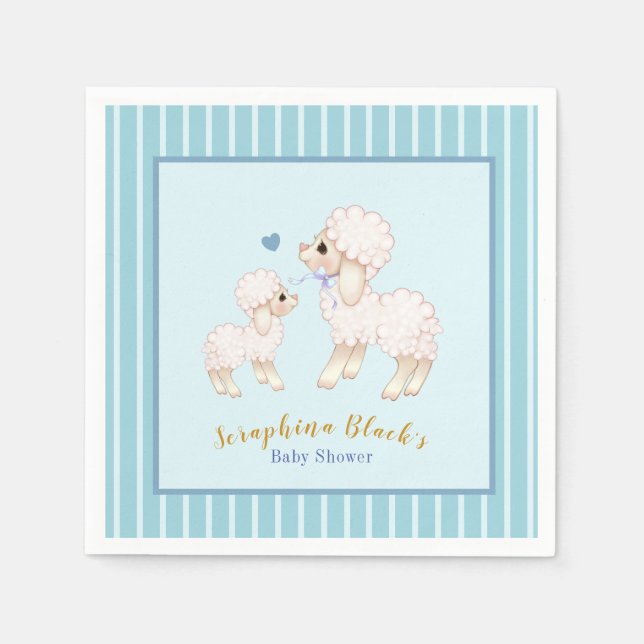 Cute Blue Boy Lamb Baby Shower Napkins Pappersservett (Framsidan)