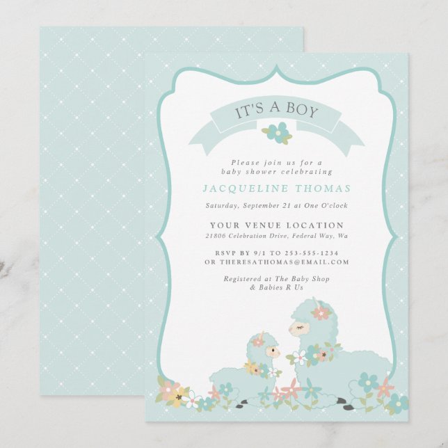 Cute Blue Boy Llama Baby Shower Inbjudningar (Fram/baksida)