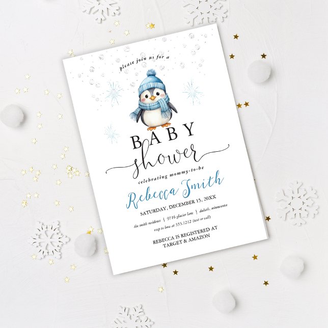 Cute Blue Boy Penguin Winter Baby Shower Inbjudningar (Skapare uppladdad)