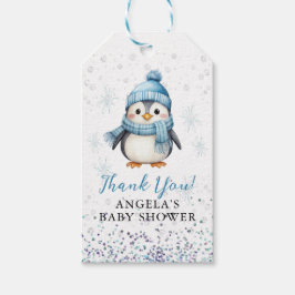 Cute Blue Boy Penguin Winter Baby Shower Presentetikett