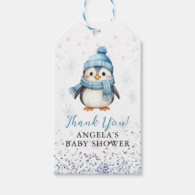Cute Blue Boy Penguin Winter Baby Shower Presentetikett (Framsidan)