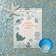 Cute Blue Boys under Sea Watercolor Birthday