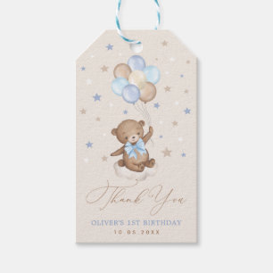 Cute Blue Brown Bear Balloths Birthday Tack Presentetikett