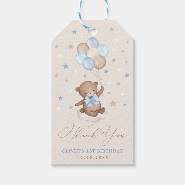 Cute Blue Brown Bear Balloths Birthday Tack Presentetikett (Framsidan)