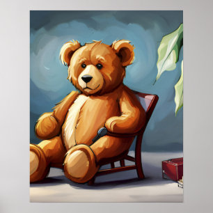 Cute Blue Brown Nalle Sitta på stol Poster