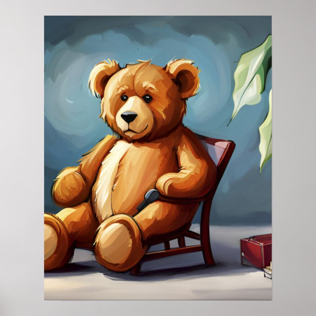 Cute Blue Brown Nalle Sitta på stol Poster (Framsidan)