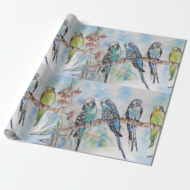 Cute Blue Budgie bird art Watercolor Wrapping Presentpapper (Utrullad)
