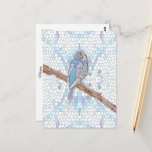 Cute blue budgie på mosaikbakgrund vykort