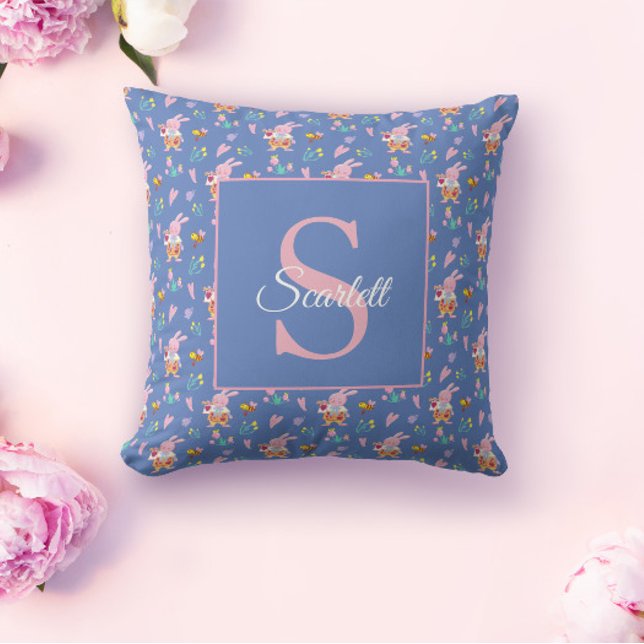 Cute Blue Bundo mönster Monogram Namn Kudde (Skapare uppladdad)