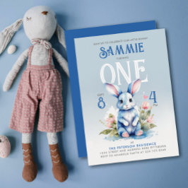 Cute Blue Bunny Blommigt Födelsedagsfest Vattenfär Inbjudningar