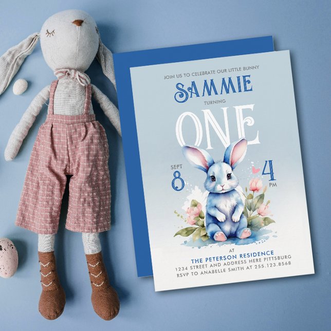 Cute Blue Bunny Blommigt Födelsedagsfest Vattenfär Inbjudningar (Skapare uppladdad)