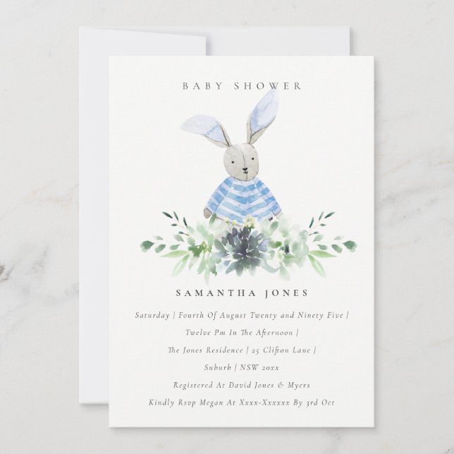 Cute Blue Bunny Garden Foliage Baby Shower Inbjuda Tack Kort (Framsida)