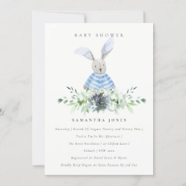Cute Blue Bunny Garden Foliage Baby Shower Inbjuda Tack Kort