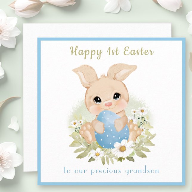 Cute Blue Bunny Grandson First Påsk kort (Cute Blue Bunny Grandson First Easter Card)