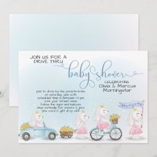 Cute Blue Bunny Parad Drive Thru Baby SHower Inbjudningar