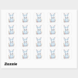Cute Blue Bunny Party Theme Pastel Floral Fyrkantigt Klistermärke