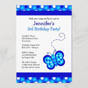 Cute Blue Butterfly w/ Polka dots Birdday Inbjudan