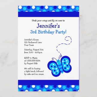 Cute Blue Butterfly w/ Polka dots Birdday Inbjudan