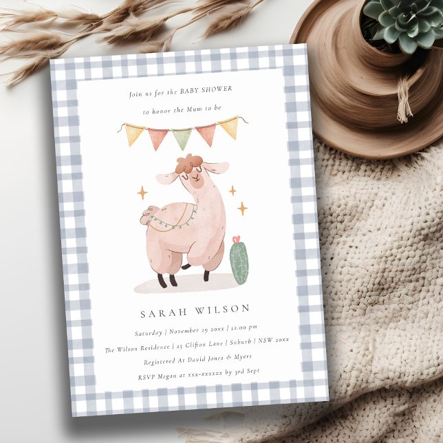 Cute Blue Cactus Boho Llama Baby Shower Inbjudan (Skapare uppladdad)