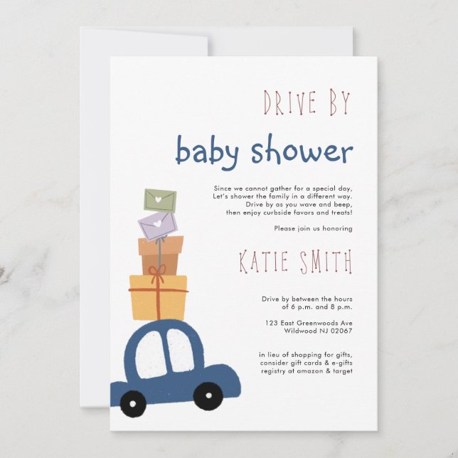 Cute Blue Car med presenter Drive by Baby Shower Inbjudningar (Framsida)