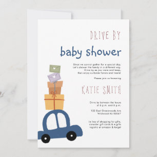 Cute Blue Car med presenter Drive by Baby Shower Inbjudningar