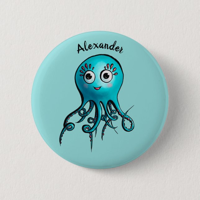 Cute Blue Cartoon Octopus - Smiling Sea Creature Knapp (Framsida)