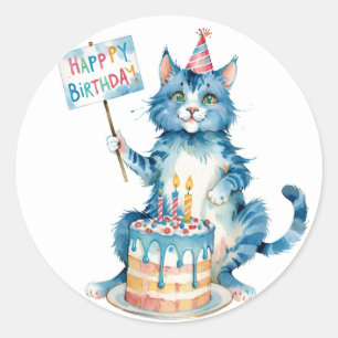 Cute Blue Cat Birthday Cake - födelsedag Runt Klistermärke