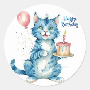 Cute Blue Cat Birthday Cake - födelsedag Runt Klistermärke