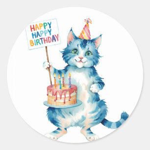 Cute Blue Cat Birthday Cake - födelsedag Runt Klistermärke