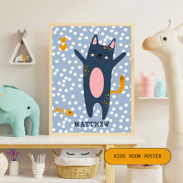 Cute Blue Cat - Blue Kids Bedroom/Nursery Poster