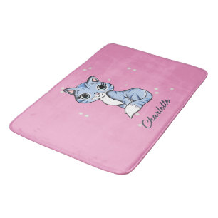 Cute Blue cat on rosa custom name Badrumsmatta