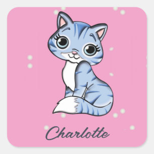 Cute Blue cat on rosa custom name Fyrkantigt Klistermärke